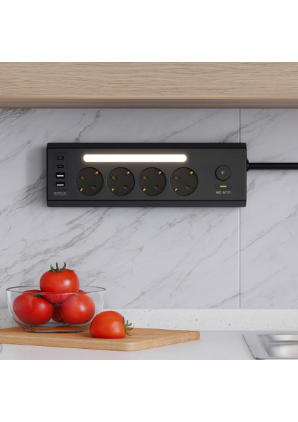 Akım Korumalı 4’lü Priz | 2 Usb-C + 2 Usb-A Çıkış | LED Işıklı Güç Ünitesi | 2 Metre Kablo – Hızlı Şarj ve Güvenli Kullanım