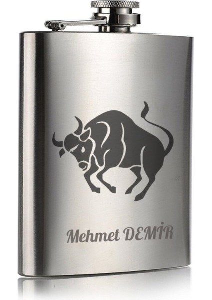 Isime Kişiye Özel Boğa Temalı Hediye 9 Oz Çelik Cep Matarası Paslanmaz Çelik Cep Matarası 266 ml Matara