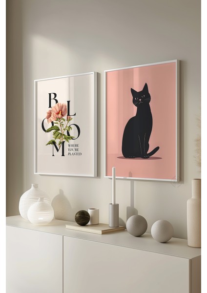 Kedili 2'li Beyaz Çerçeveli Poster, Tablo Seti No:7