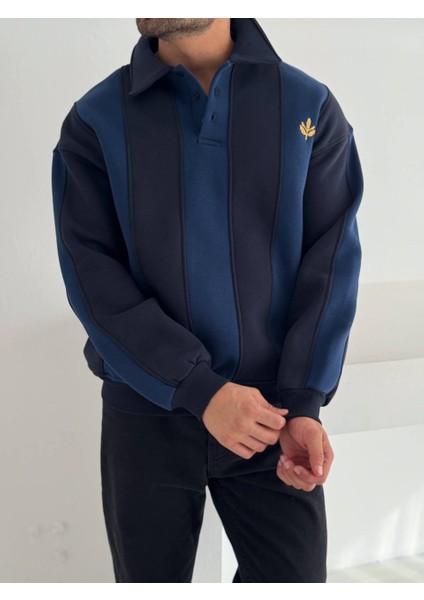 Sarı Lacivert Eşofman Üstü - Oversıze Çizgili Sweat %100 Penye