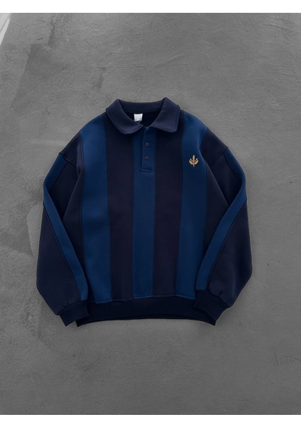 Sarı Lacivert Eşofman Üstü - Oversıze Çizgili Sweat %100 Penye fiyatları