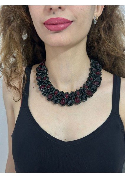 Bordo Kristal Boncuklu Tasarım Kadın Kolye 22 cm