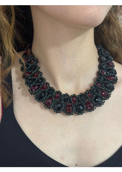 Bordo Kristal Boncuklu Tasarım Kadın Kolye 22 cm fiyatları