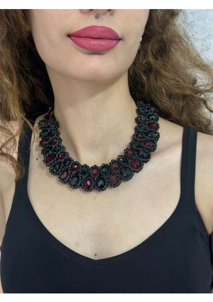 Bordo Kristal Boncuklu Tasarım Kadın Kolye 22 cm modelleri