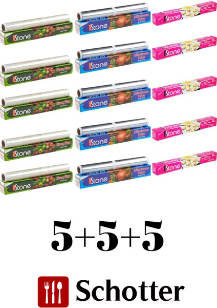 Streç Film + Alüminyum Folyo + Pişirme Kağıdı – 5+5+5 Ev Ihtiyaç Kampanya Seti Tasarruf Seti