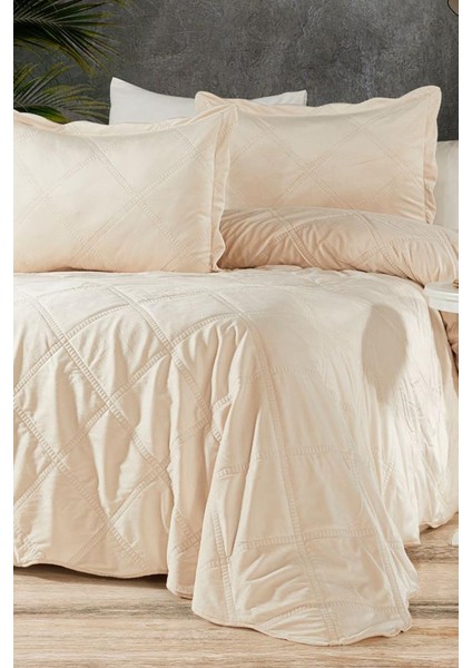 Toyo Çift Kişilik Lüks Kadife Yatak Örtüsü Ekru