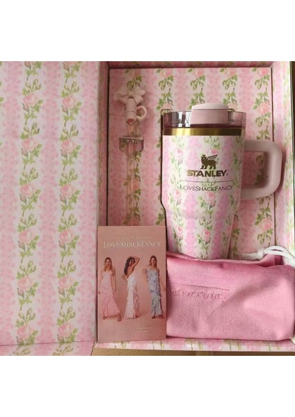 Loveshackfancy 1.18L Quencher H2.0 Termos Bardak – Pembe Çiçek, Pipetli