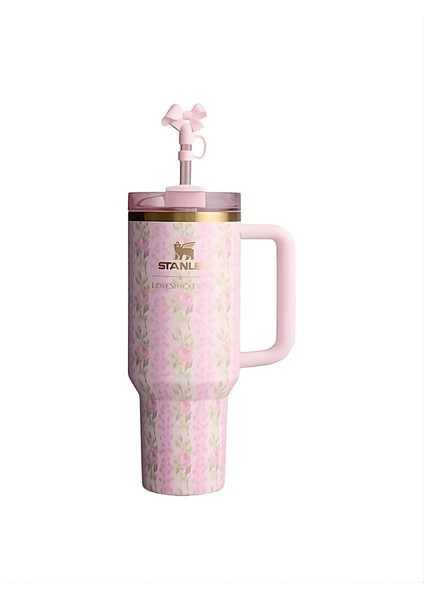 Loveshackfancy 1.18L Quencher H2.0 Termos Bardak – Pembe Çiçek, Pipetli fırsatları