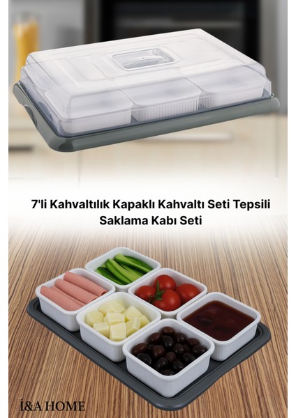 6' Lı Gri Kahvaltılık Kapaklı Kahvaltı Seti Tepsili Saklama Kabı Seti