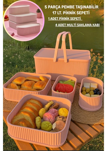 5 Parça Pembe Taşınabilir 17 Lt. Piknik Sepeti