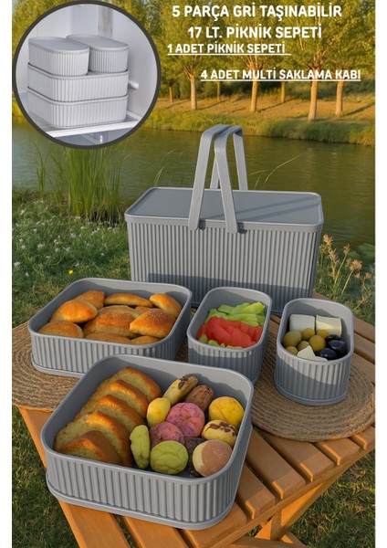 5 Parça Gri Taşınabilir 17 Lt. Piknik Seti ve Saklama Kapları