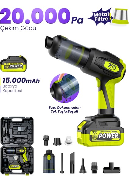 7gab-03 Kablosuz Araç Içi Süpürge | 20.000PA Güçlü Emiş | 90.000RPM Fırçasız Motor | 15.000MAH Uzun Ömürlü Batarya | Üfleme & Vakum 2’si 1 Arada