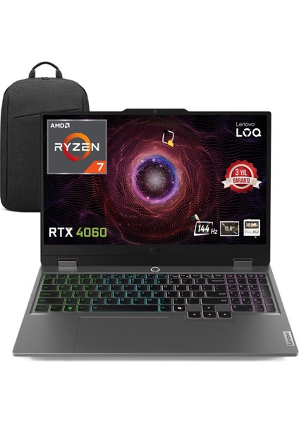 Loq 15ARP9 Amd Ryzen 7-7435HS 24GB 1tb SSD Rtx 4060 8gb (105W) 15,6" Fhd 144Hz IPS Panel Freedos Taşınabilir Bilgisayar Snertech Çanta