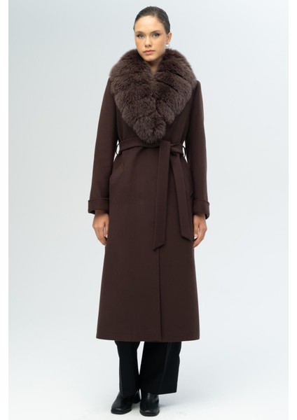 Çıkabilir Kürklü Belden Bağlamalı Uzun Kaşmir Kaban K. Kahve 3133-TK