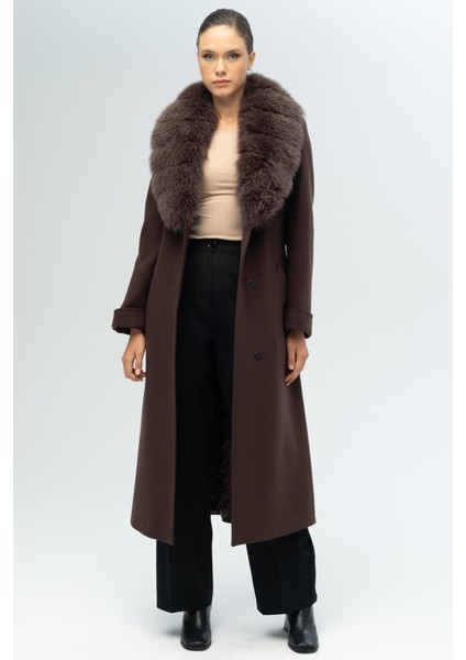 Çıkabilir Kürklü Belden Bağlamalı Uzun Kaşmir Kaban K. Kahve 3133-TK fiyatları