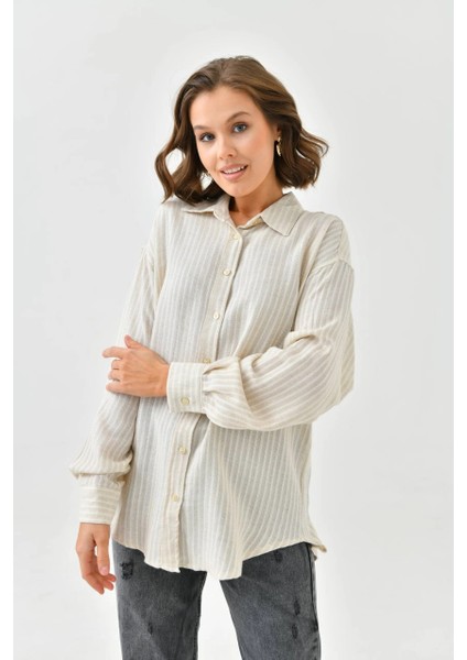 Kadın Gömlek Ön Arka Düğmeli Fosforlu Model Kadın Gömlek Bej-Sarı - 23065