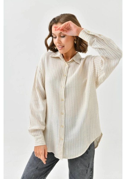 Kadın Gömlek Ön Arka Düğmeli Fosforlu Model Kadın Gömlek Bej-Sarı - 23065 fiyatları