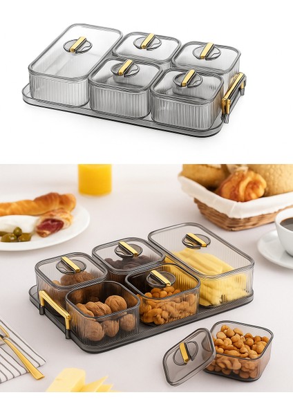 Tepsili Platin Özel Seri 5 Bölmeli 11 Parça Kahvaltılık Seti Kapaklı Tepsi Akrilik Kahvaltı Sunumluk