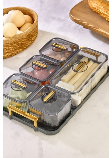 Tepsili Platin Özel Seri 5 Bölmeli 11 Parça Kahvaltılık Seti Kapaklı Tepsi Akrilik Kahvaltı Sunumluk fiyatları