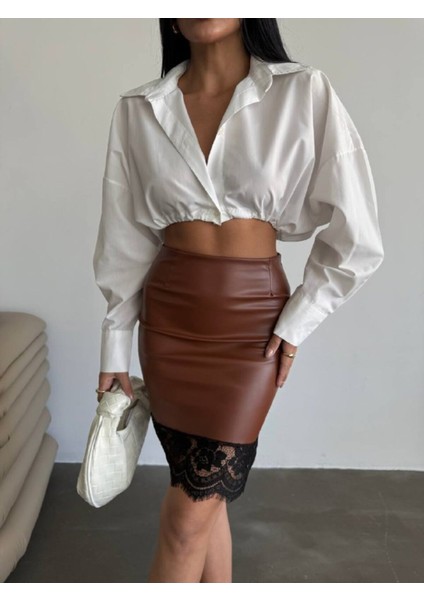 Tasarım Ithal Deri Etek Ucu Fransız Dantel Detay Etek Dantelli Deri Mini Etek