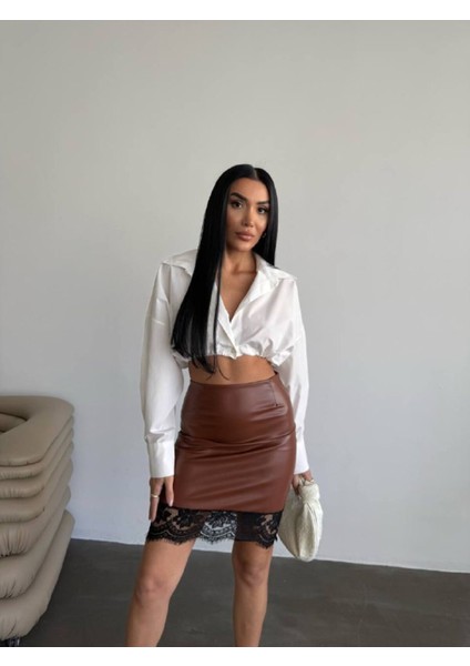 Tasarım Ithal Deri Etek Ucu Fransız Dantel Detay Etek Dantelli Deri Mini Etek modelleri