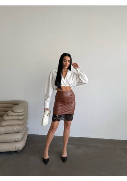 Tasarım Ithal Deri Etek Ucu Fransız Dantel Detay Etek Dantelli Deri Mini Etek fırsatları