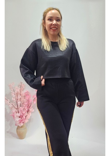 Yeni Sezon Beyaz Varaklı Crop Sweatshirt - Pantolon Eşofman Alt Üst Takım fırsatları