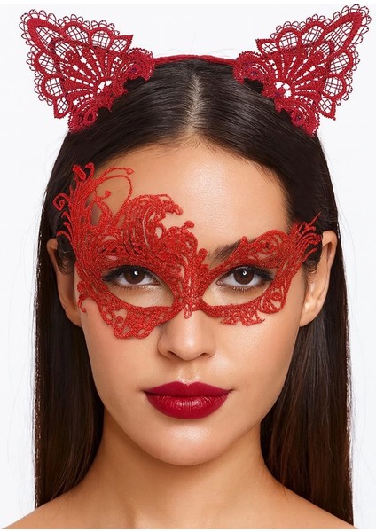 Kırmızı Dantel Maske ve Taç Seti 1 No - Kostüm Seti