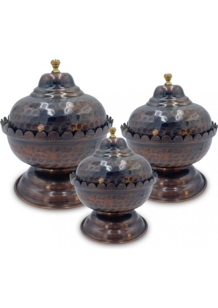 Şekerlik Kapaklı Çekiçli Bakır 3'lü Set Eskitme