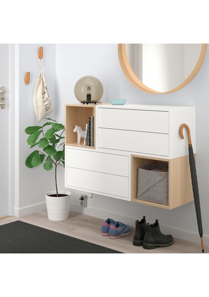 Çekmeceli Duvar Dolabı Kombinasyonu, Beyaz-Ağartılmış Meşe Görünümlü, 105X35X70 cm fiyatları