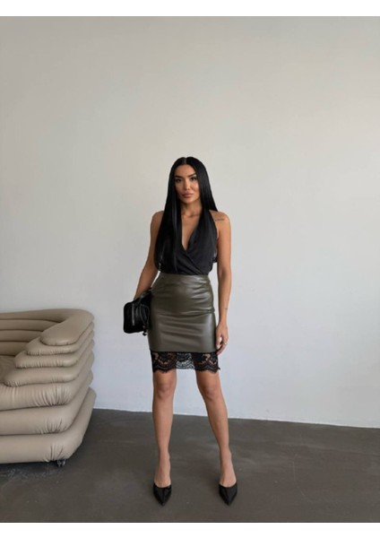 Tasarım Ithal Deri Etek Ucu Fransız Dantel Detay Etek Dantelli Deri Mini Etek modelleri