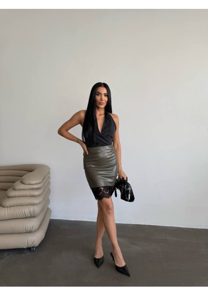 Tasarım Ithal Deri Etek Ucu Fransız Dantel Detay Etek Dantelli Deri Mini Etek indirimleri