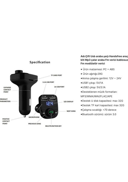 Bluetooth Kablosuz Araç Kiti ve Hızlı Şarj Cihazı Bakır Sargı Akım Korumalı Fm Transmitter Net Ses indirimleri
