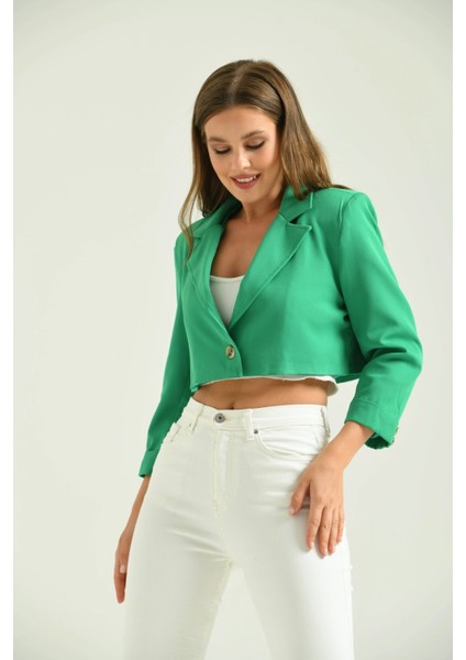 Kadın Blazer Ceket Tek Düğmeli Vatka Detaylı Kol Katlamalı Kadın Blazer Ceket Yeşil - T032