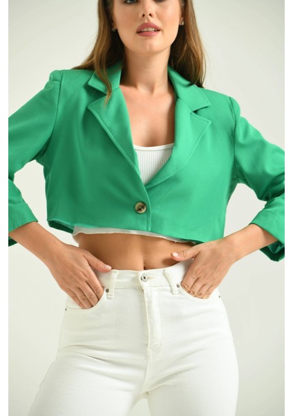 Kadın Blazer Ceket Tek Düğmeli Vatka Detaylı Kol Katlamalı Kadın Blazer Ceket Yeşil - T032 modelleri