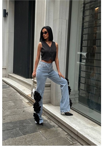 Pinterest Tasarım Gül Detaylı Palazzo Kot Pantolon Ithal Kumaş