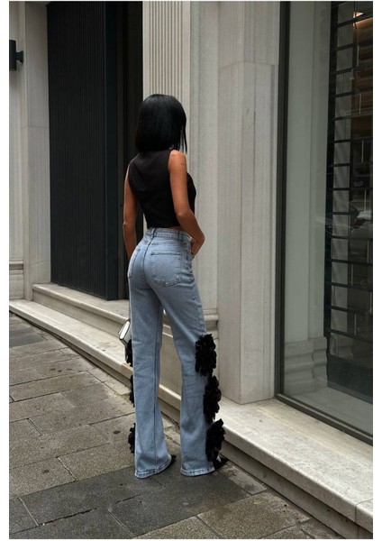 Pinterest Tasarım Gül Detaylı Palazzo Kot Pantolon Ithal Kumaş fiyatları