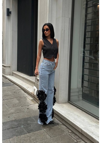 Pinterest Tasarım Gül Detaylı Palazzo Kot Pantolon Ithal Kumaş fırsatları