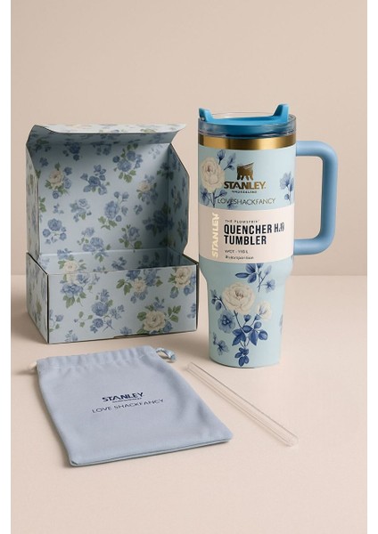 Loveshackfancy Desenli 1.18L Termos Bardak – Mavi Çiçek, Pipetli (Quencher H2.0) modelleri