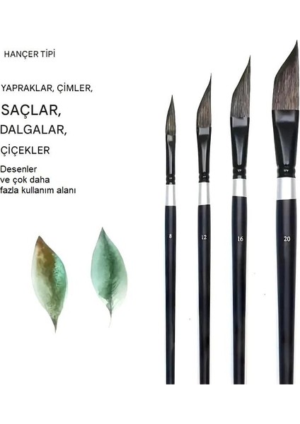 Resim Sulu Boya Eğimli Fırça Seti, Hançer Tip, Seramik, Tezhip, Minyatür, Çiçek Boyama 4 Adet-Set