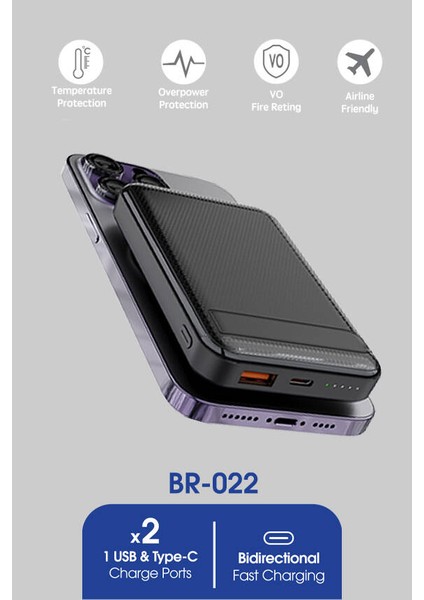 BR-022 10.000 mAh Magsafe P.Bank Hızlı Şarj Type-C + USB Giriş-Çıkış modelleri