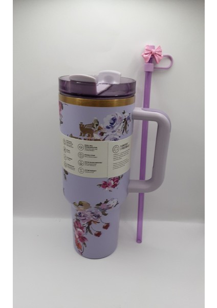 Loveshackfancy Desenli 1.18L Termos Bardak – Lila, Pipetli (Quencher H2.0)