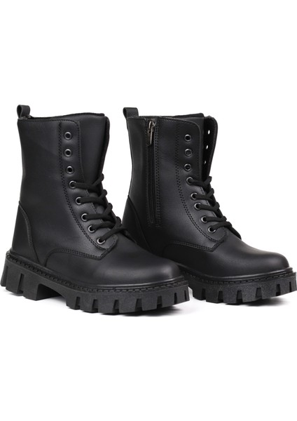 Kadın Siyah Postal Bot – Kalın Taban Fermuarlı Bağcıklı Rahat Günlük Şık ve Dayanıklı