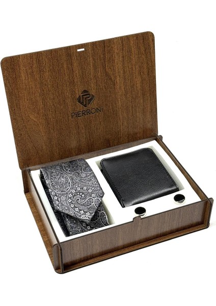 Gri Siyah Şal Desen Kravat Kol Düğmesi Cüzdan Özel Ahşap Kutulu Set