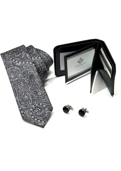 Gri Siyah Şal Desen Kravat Kol Düğmesi Cüzdan Özel Ahşap Kutulu Set fiyatları
