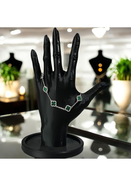 925 Ayar Gümüş Malahit Taşlı Şanslı Yonca Van Cleef Zirkon Taşlı Bileklik fiyatları