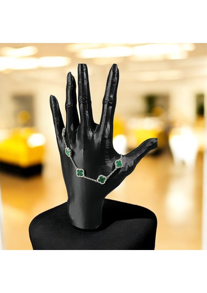 925 Ayar Gümüş Malahit Taşlı Şanslı Yonca Van Cleef Zirkon Taşlı Bileklik modelleri