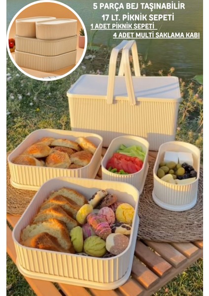5 Parça Bej Taşınabilir 17 Lt. Piknik Sepeti ve Saklama Kapları