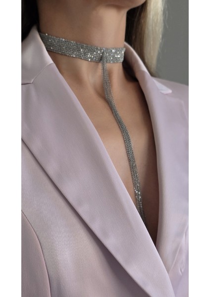 8 Sıralı Zincir Dokuma Sallantılı Vücut Tasma Choker Silver Gümüş Renk El Yapımı Kolye