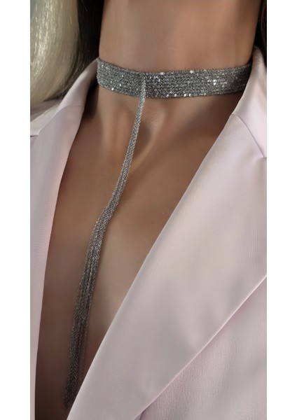 8 Sıralı Zincir Dokuma Sallantılı Vücut Tasma Choker Silver Gümüş Renk El Yapımı Kolye fiyatları